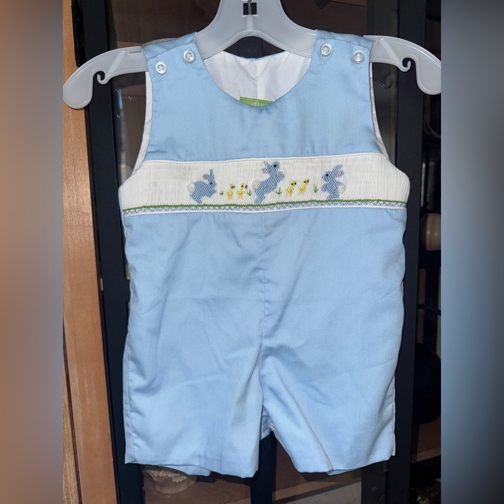 Smock Bunny Jon Jon romper shortall bunnies easter chicks baby boy embroidered